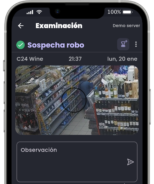 Pantalla de alerta de la aplicación Oxania en móvil: el extracto de vídeo y el campo de observación del equipo