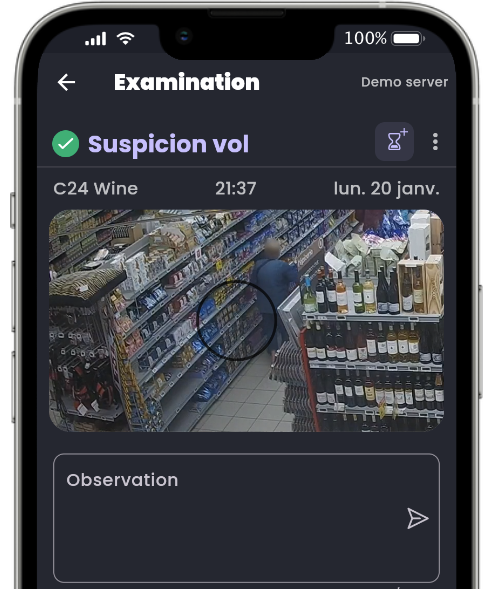 Écran d'alerte de l'application Oxania sur mobile : l'extrait vidéo et le champ d'observation de l'équipe