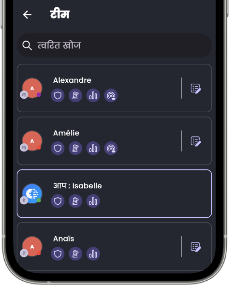मोबाइल एप्लिकेशन की टीम स्क्रीन: प्रत्येक सदस्य और उसके एक्सेस अधिकार