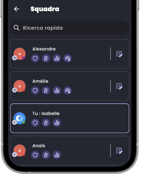 Schermata Team dell'app mobile: ogni membro e i relativi diritti di accesso