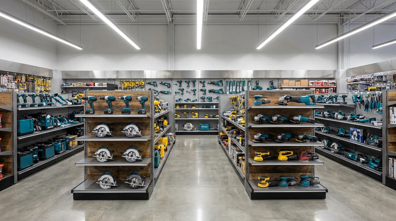 Power tools aisle in a hardware store