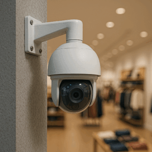 Cámara de vigilancia en una tienda que utiliza IA para la seguridad