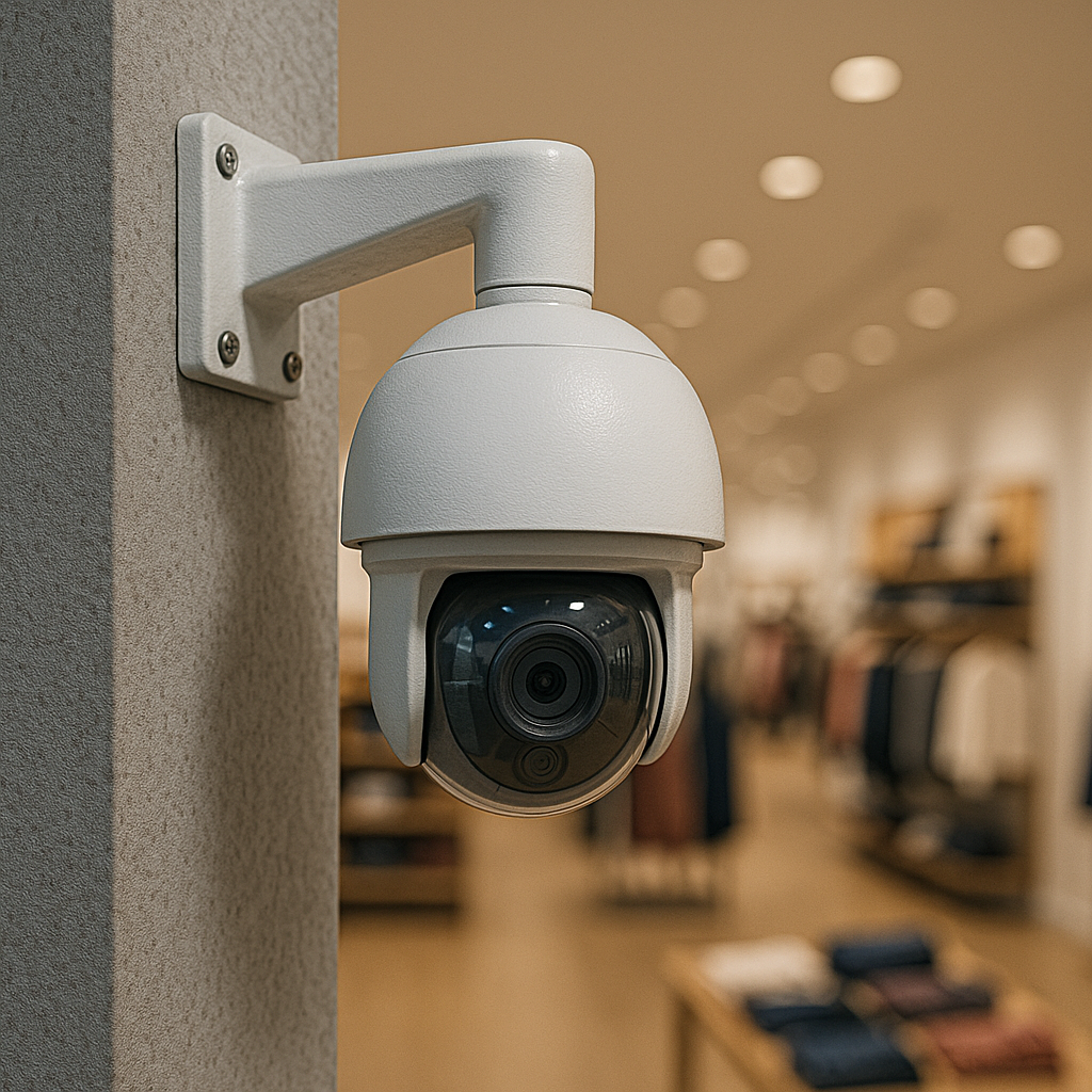 Cámara de vigilancia en una tienda que utiliza IA para la seguridad