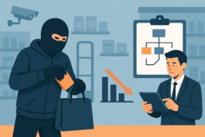 Store employee monitoring a thief using a tablet, with security camera and loss reduction graph.