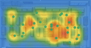 Plano de una tienda con un mapa de calor de las zonas calientes y frías de hurtos, mostrando la distribución de riesgos.