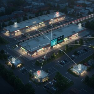 Digital connection between multiple mall stores seen from above.
