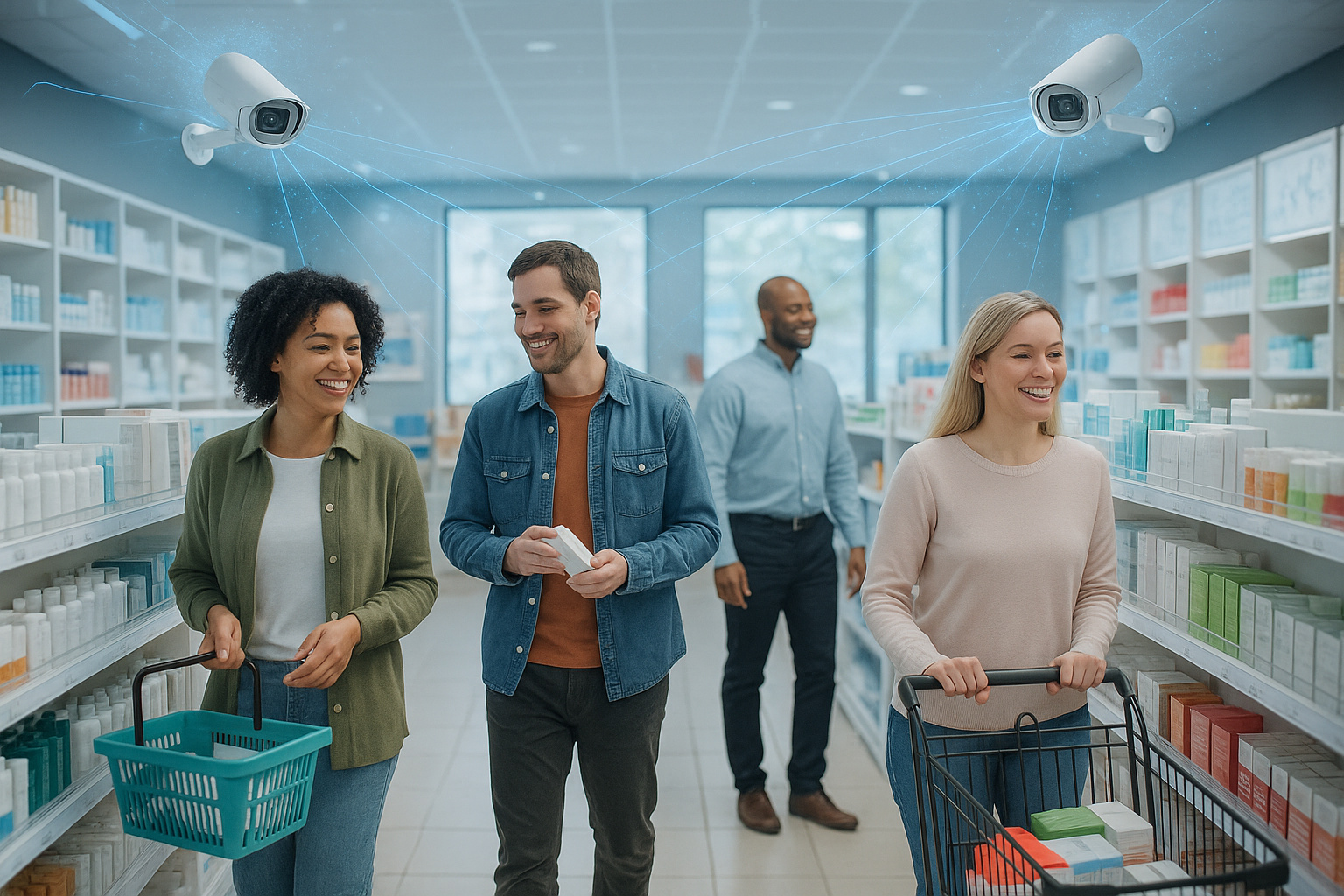 Smiling clients browsing modern store aisles, under the discreet watch of security cameras.