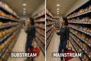 Une image comparative illustrant la différence de qualité vidéo entre le "Substream" (flux secondaire), pixélisé et de basse résolution, et le "Mainstream" (flux principal), net et en haute résolution, le tout dans une allée de supermarché.