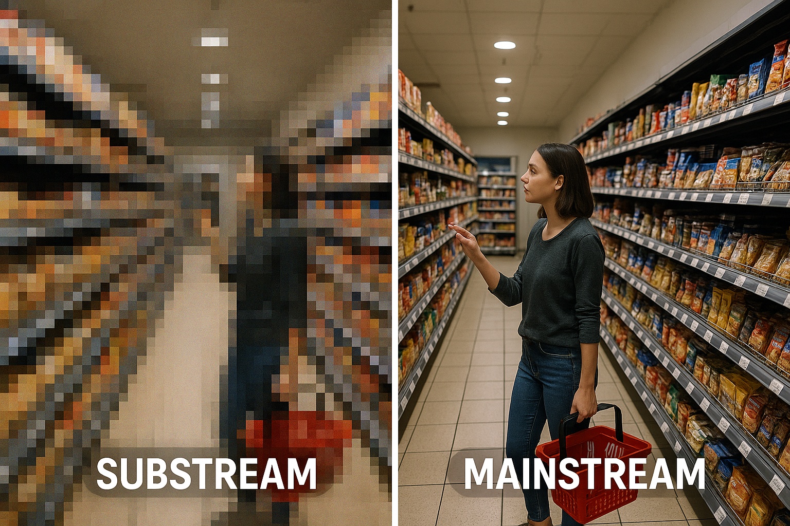 Et sammenlignende billede, der viser forskellen i videokvalitet mellem "Substream" (sekundær strøm), som er pixeleret og lav opløsning, og "Mainstream" (hovedstrøm), som er skarp og høj opløsning. Scenen foregår i en supermarkedsgang.
